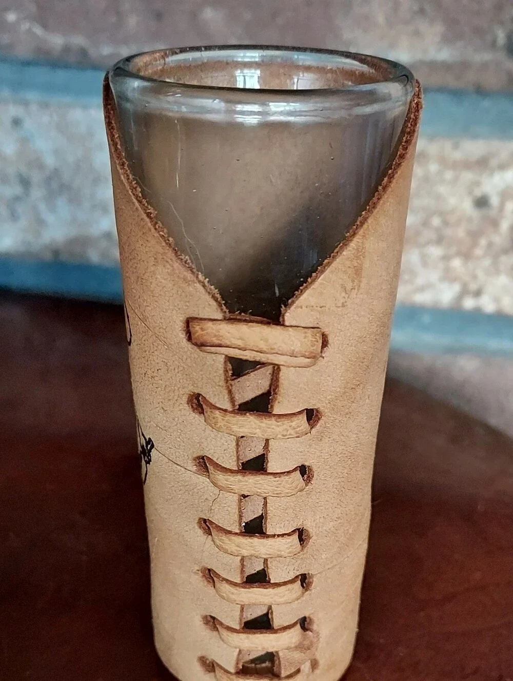 Souvenir Leather Wrapped Double Shot Glass Mexico Travel Vino Man